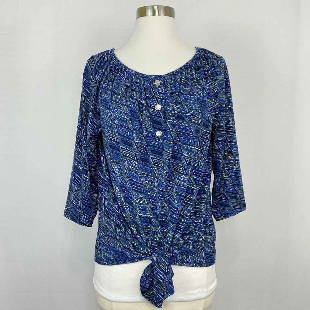 Adrienne Vittadini Womens S Top Blue Yellow Geometric Tie Front Logo Buttons #B